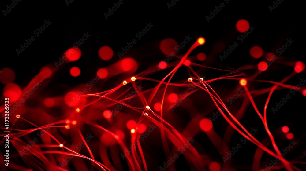 Aufkleber abstract red glowing lines and dots on black background.