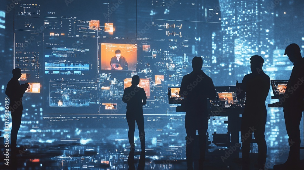 Poster Silhouetted team analyzing data on large screen displays showing charts, graphs, and city lights at night.