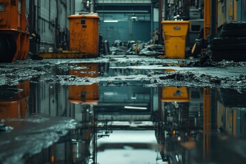 Urban alleyway after rain displays puddles reflecting yellow dumpsters and industrial surroundings in a gritty urban environment