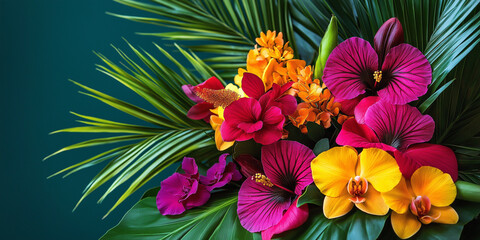 Obraz premium Tropical floral arrangement featuring bright hibiscus, lush palm leaves, and exotic orchids