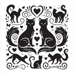 Cats with heart tails design black and white