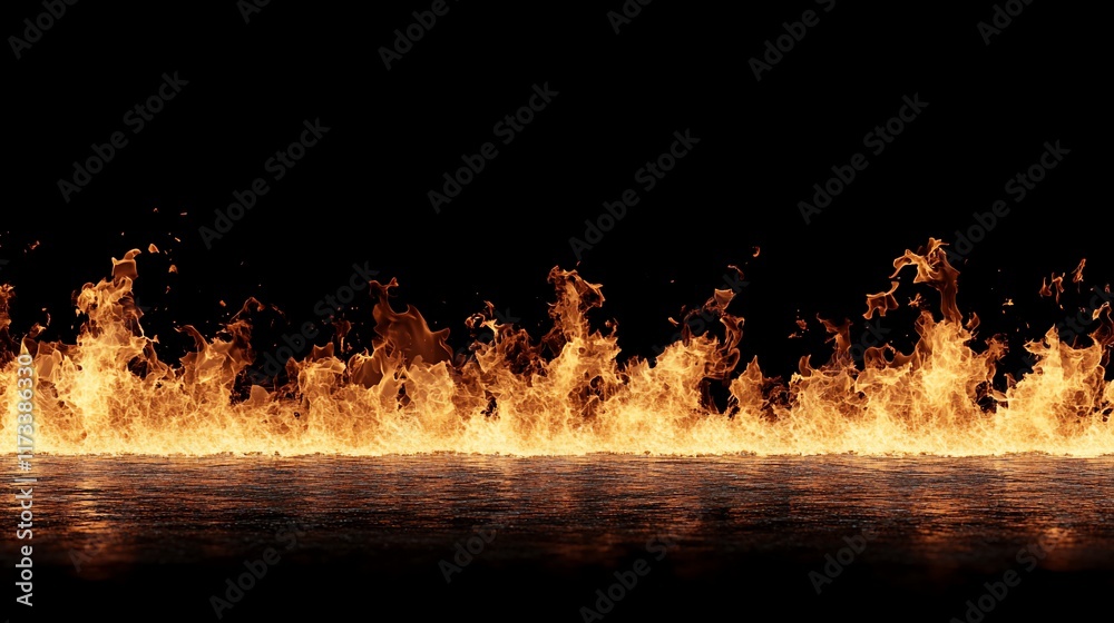 Poster horizontal line of fire flames burning intensely against a black background with reflection.
