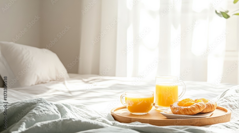 Poster Sunlight streams through window illuminating breakfast tray on comfortable bed with orange juice and fresh pastries, creating idyllic morning scene during summer holiday
