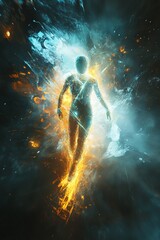 Abstract digital artwork depicting a human figure amidst a vibrant burst of light and energy.