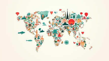 A world map with travel icons illustrating points of interest, landmarks, and cultural attractions.