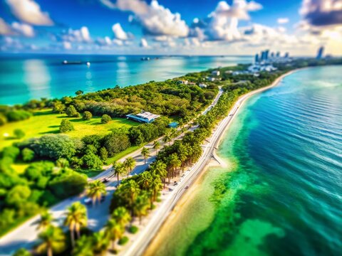 Miniature Aerial View of Key Biscayne, Florida: Lush Landscape and Turquoise Waters