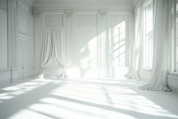 Obraz premium A bright and airy empty room featuring elegant white drapes and soft shadows, creating a serene atmosphere perfect for interior design inspiration and minimalism.