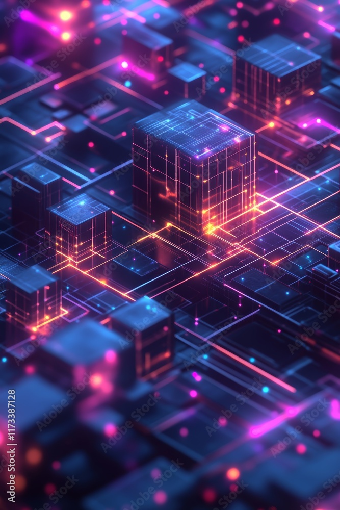 Poster a captivating 3d isometric representation of a dynamic data network, showcasing linked nodes with vi