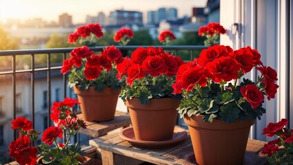 Red geraniums in pots on a sunny urban balcony