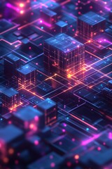 A captivating 3D isometric representation of a dynamic data network, showcasing linked nodes with vibrant illumination and intricate patterns.