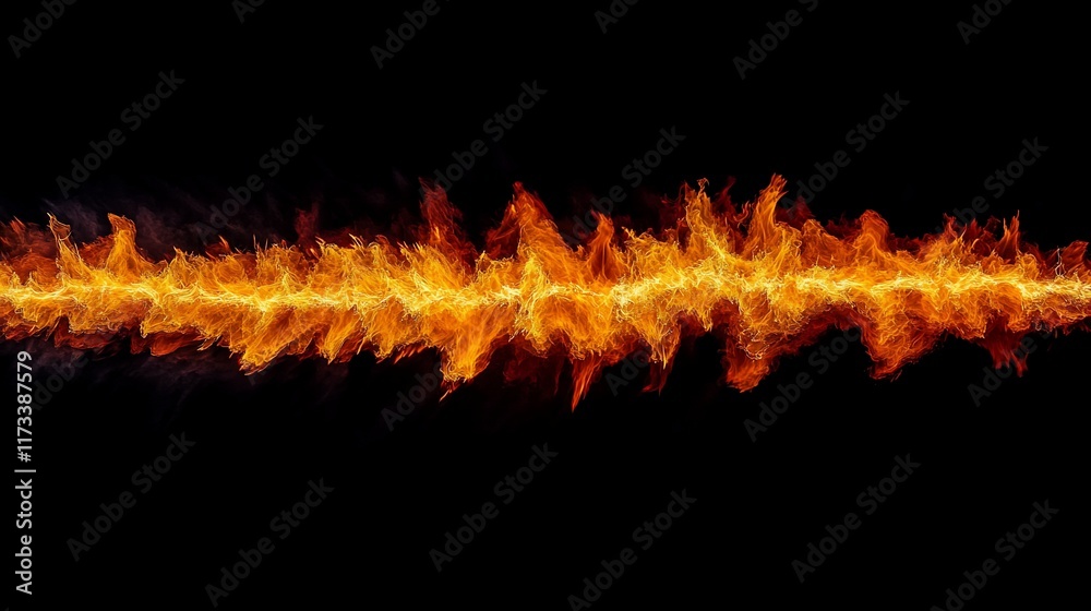 Poster horizontal line of fire flames isolated on black background.