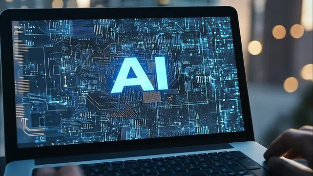 a person using a laptop computer, AI text on screen, full hd