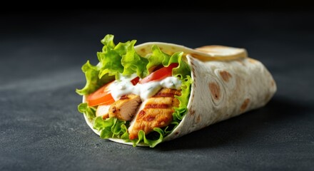 A close-up of a juicy shawarma made from fresh chicken roll placed on a rustic wooden board. 