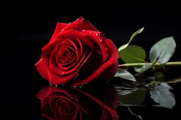 A single red rose with droplets, reflected on a dark surface.