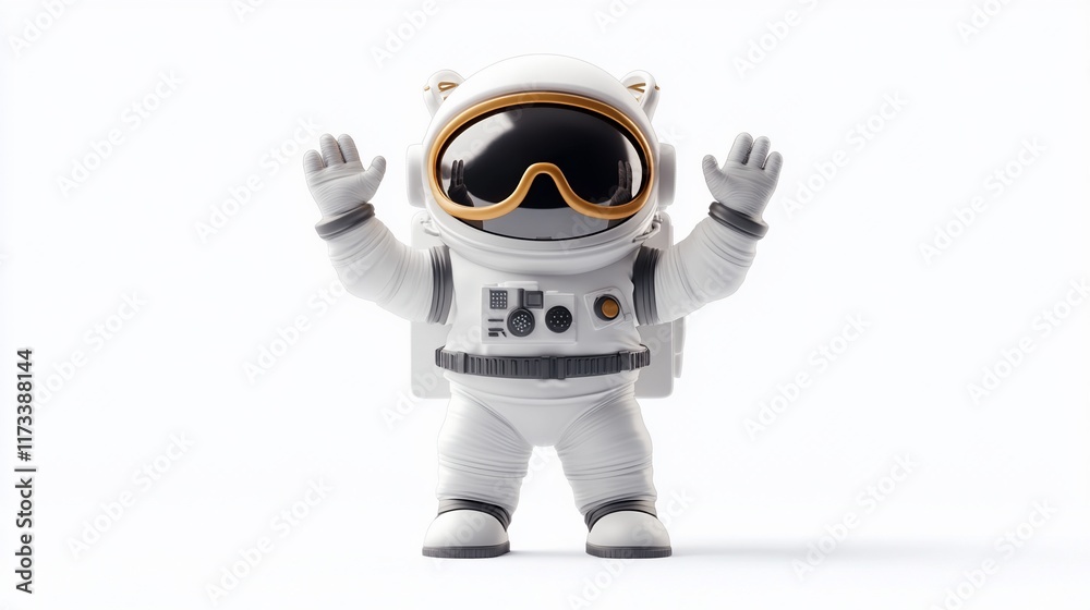 Poster cheerful cartoon astronaut in spacesuit with arms raised.