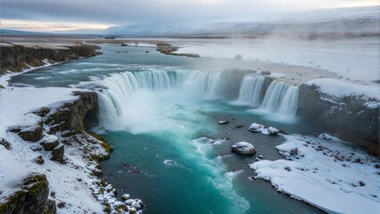 Obraz premium A stunning aerial view of a waterfall surrounded by snow and icy terrain, showcasing the beauty of nature in a serene winter landscape.
