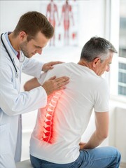 Obraz premium A healthcare professional examines a patient with back pain, highlighting the spine with a red glow to indicate the area of concern.