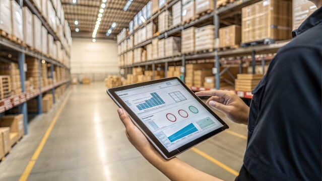 A person analyzes warehouse data on a tablet amidst stacked boxes in a well-organized storage facility.