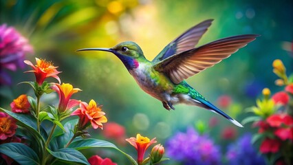 Fototapeta premium Miniature Hummingbird & Tropical Blooms: Detailed Watercolor Tilt-Shift Photography