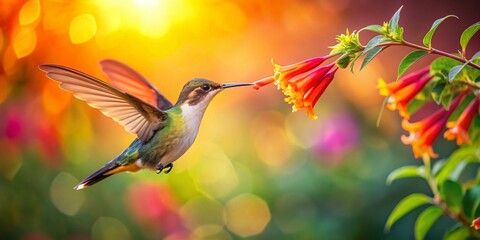 Fototapeta premium Miniature Hummingbird Feeding on Trumpet Flower, Tilt-Shift Photography