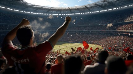 Fans in red jerseys cheer passionately amidst a vibrant soccer match in a sunlit, packed stadium, capturing the essence of sports excitement.