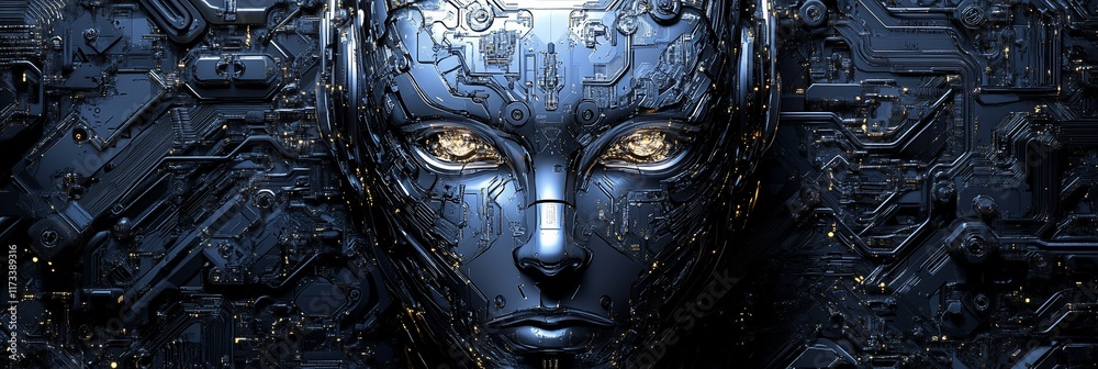 Aufkleber Metallic robotic face embedded in a circuit board.