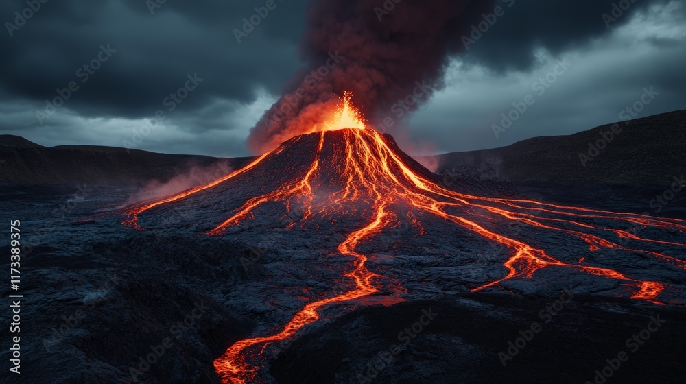 Poster molten lava flows down the slopes of fagradalsfjall volcano in iceland, creating a fiery spectacle a