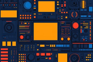 Fototapeta premium Colorful retro interface with buttons, dials, and screens, resembling an old-school media console or control panel. Cybersecurity
