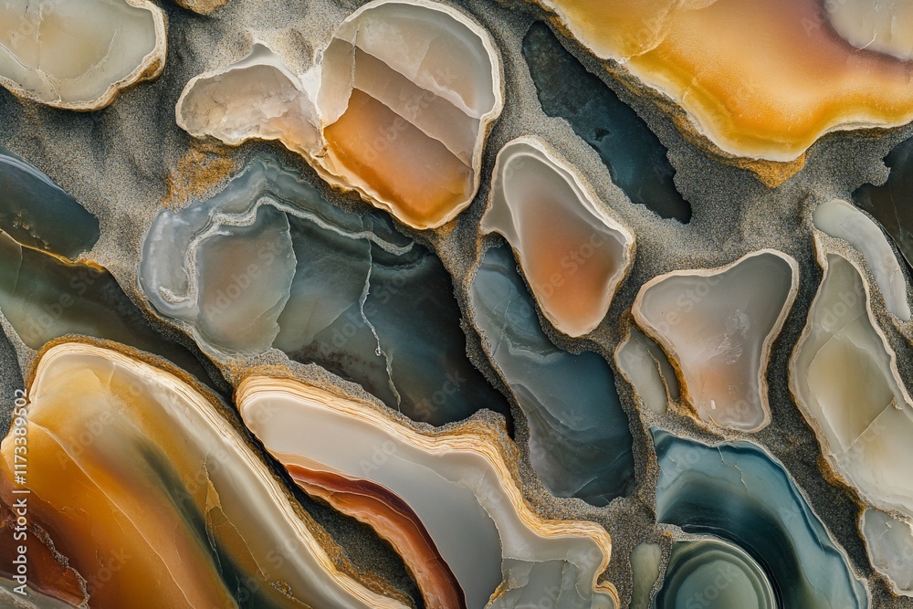 Aufkleber Abstract image of colorful agate stone texture with swirling patterns and organic shapes.