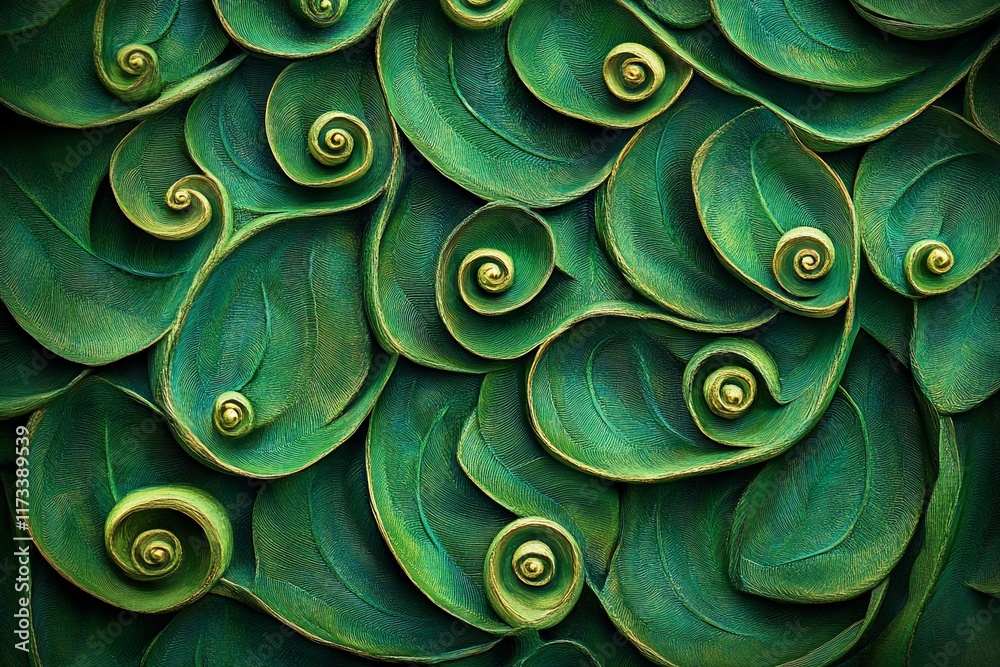 Poster intricate green leaf and spiral pattern texture.