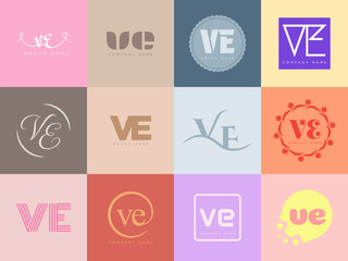 Collection of 12 unique and stylish VE logo designs. Perfect for branding, websites, and marketing materials.