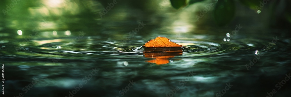 Poster single leaf floats on calm water, ripples forming around it.