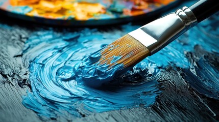 Obraz premium Close-Up of a Paintbrush Mixing Vibrant Blue Paint on a Textured Surface