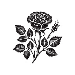 Elegant black and white rose silhouette design, A detailed, ornate silhouette of a rose and its stem with leaves and a bud.