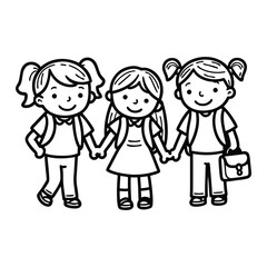 Children Black Outline Holding School Bag with a book Line art vector clipart illustration .	
