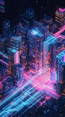 Fototapeta premium Futuristic Isometric Cityscape with Digital Data Visuals in Neon Colors and Advanced Technology Elements