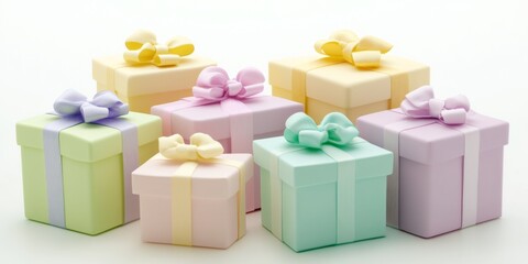 Naklejka premium A collection of pastel-colored gift boxes with intricate bows, arranged with attention to detail and variety in a well-lit setting, creating a festive atmosphere.
