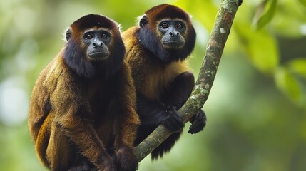Obraz premium Two howler monkeys perched on a branch in a lush, green environment.