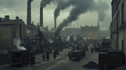 Industrial revolution urban scene with smokestacks and workers in historical setting