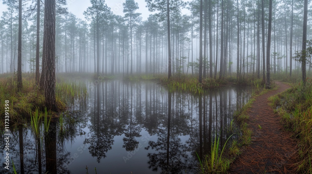 Poster misty morning in a pine forest with a tranquil pond and a path.