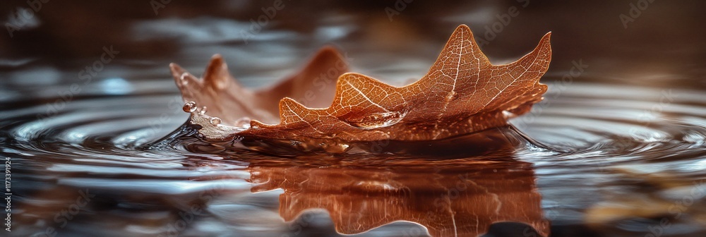 Poster autumn leaf floats on water, creating ripples.