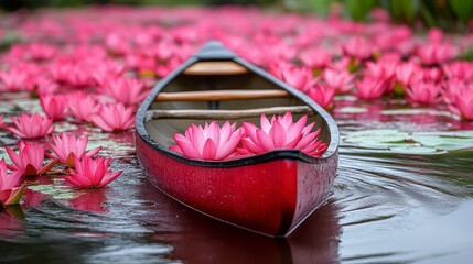 Red canoe floats amidst vibrant pink water lilies on calm water.