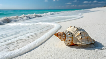 Obraz premium Beautiful seashell on sandy beach with gentle ocean waves