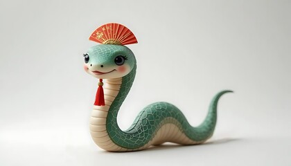 Fototapeta premium Adorable Green Snake Figurine with Red Fan