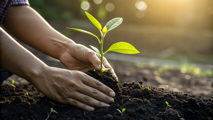 Hands Planting Young Green Seedling in Fresh Soil at Sunrise