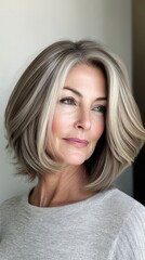 Naklejka premium Mature woman showcasing trendy layered hairstyle with soft highlights in natural lighting at home