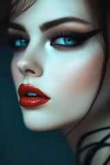 Beauty portrait of a woman with striking bold makeup and captivating blue eyes, showcasing a dramatic look against a moody background