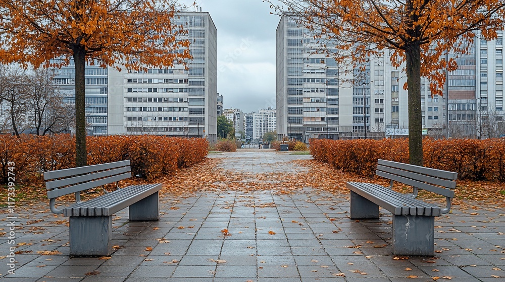 Poster Empty park benches on a paved pathway lined with autumn foliage and apartment buildings in the background on an overcast day.