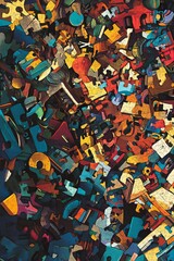 Obraz premium A vibrant collection of jigsaw puzzle pieces in various colors and shapes, creating an abstract and chaotic visual.