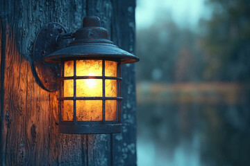 Rustic lantern glowing on wooden wall by misty autumn lake